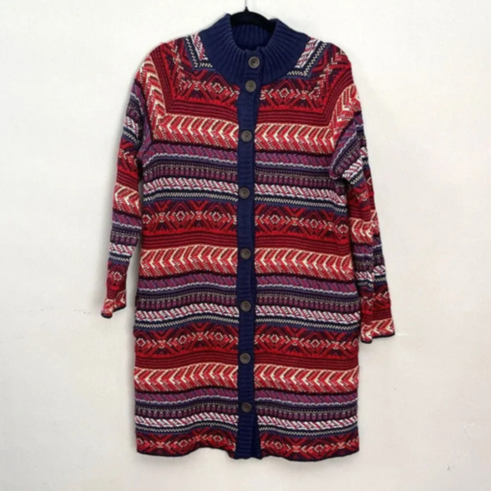 St. John's Bay Knit Long Sleeve‎ Button Front Geometric Cardigan Duster Size M